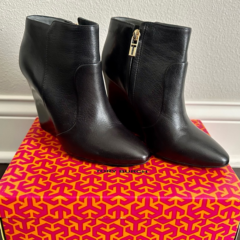 Tory Burch black leather wedge booties, size 7.5